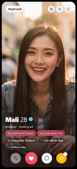 HeyCrush dating app screen showing a verified Thai woman's profile with shared-language and location badges